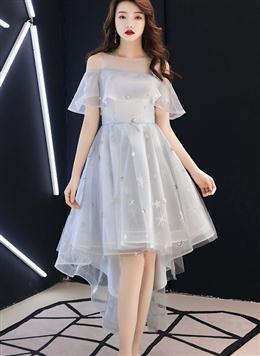 Picture of Light Grey High Low Tulle Off Shoulder Cute Party Dresses, High Low Prom Dresses Homecoming Dresses